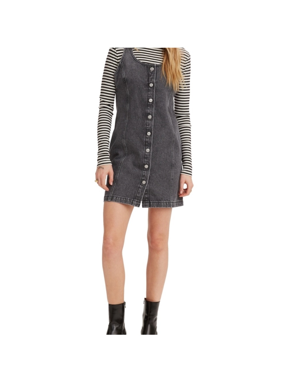 Levi's Black Washed Denim Button-Front Pinafore Dress